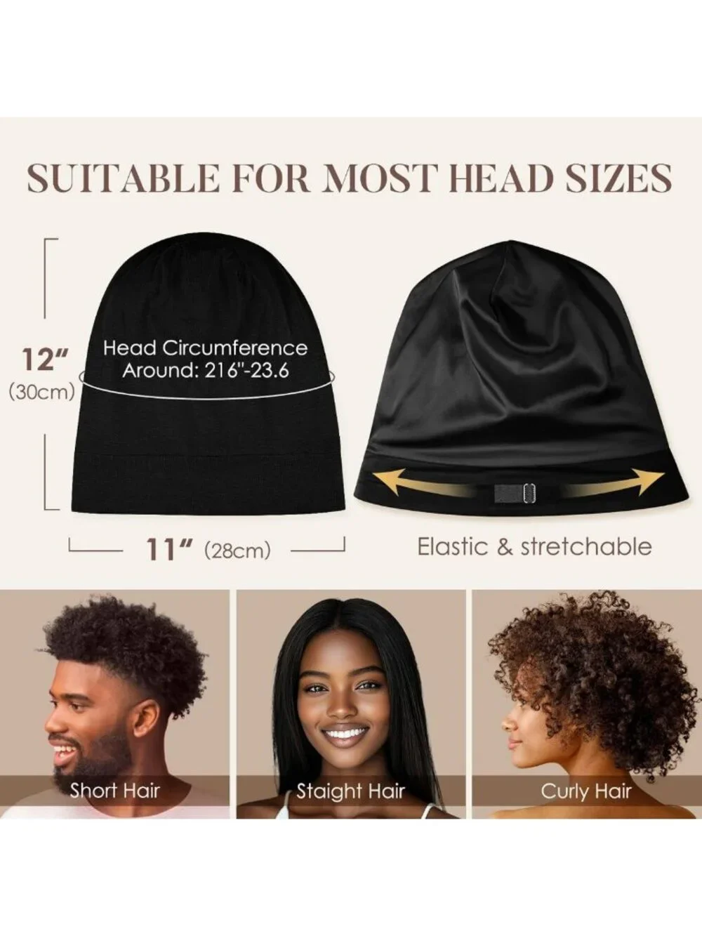 Silk Sleep Bonnet for Women & Men - Soft Mulberry Silk Hair Protection, Black